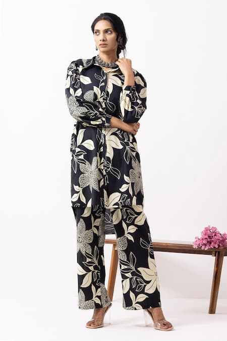 Buy_The Indian Cause_Black Cotton Collared Floral Block Printed Co-ord Set _Online_at_Aza_Fashions