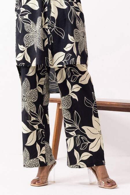 Shop_The Indian Cause_Black Cotton Collared Floral Block Printed Co-ord Set _Online_at_Aza_Fashions