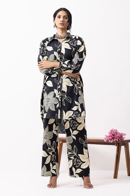 The Indian Cause_Black Cotton Collared Floral Block Printed Co-ord Set _at_Aza_Fashions