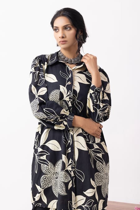 Buy_The Indian Cause_Black Cotton Collared Floral Block Printed Co-ord Set 
