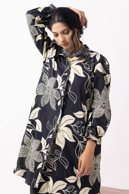 Shop_The Indian Cause_Black Cotton Collared Floral Block Printed Co-ord Set 