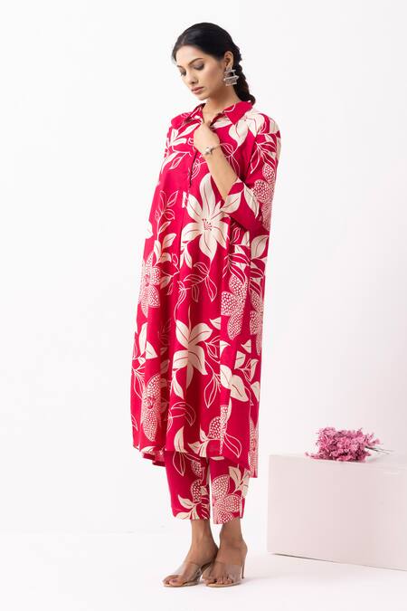 The Indian Cause Red Cotton Embroidery Collared Block Printed Victoria Kurta Set Online at Aza Fashions The Indian Cause_Red Cotton Embroidery Collared Block Printed Victoria Kurta Set_Online_at_Aza_Fashions