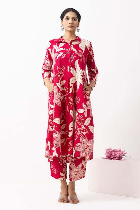 Buy The Indian Cause Red Cotton Embroidery Collared Block Printed Victoria Kurta Set Online at Aza Fashions Buy_The Indian Cause_Red Cotton Embroidery Collared Block Printed Victoria Kurta Set_Online_at_Aza_Fashions