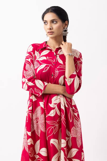 The Indian Cause Red Cotton Embroidery Collared Block Printed Victoria Kurta Set at Aza Fashions The Indian Cause_Red Cotton Embroidery Collared Block Printed Victoria Kurta Set_at_Aza_Fashions