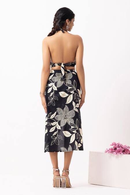 Shop_The Indian Cause_Black Cotton Halter Neck Block Printed Top And Skirt Set _at_Aza_Fashions