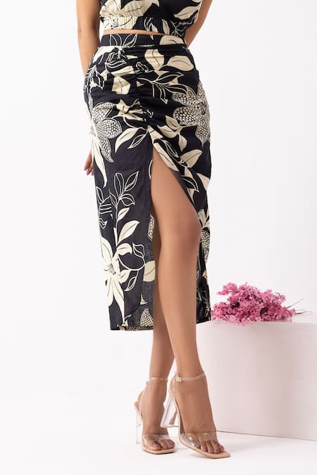 Shop_The Indian Cause_Black Cotton Halter Neck Block Printed Top And Skirt Set 