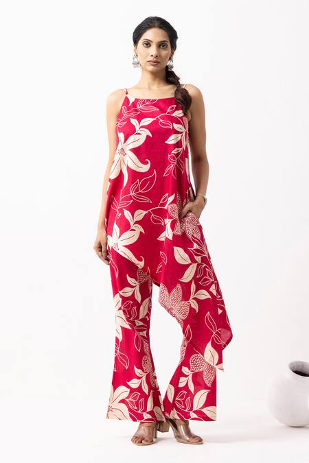 Buy_The Indian Cause_Red Cotton Embroidery Open Neck Block Printed Kurta Set_Online_at_Aza_Fashions