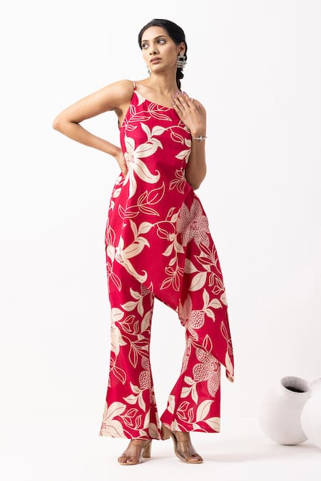 Shop_The Indian Cause_Red Cotton Embroidery Open Neck Block Printed Kurta Set_Online_at_Aza_Fashions