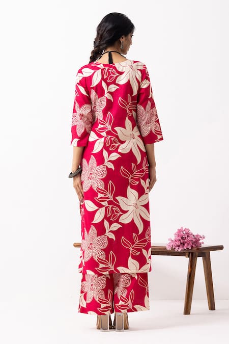 Shop_The Indian Cause_Cream Cotton Sequins V-neck Crimson Red Block Printed Mira Kurta Set _at_Aza_Fashions