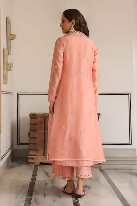 Shop_Label Niti Bothra_Peach Cotton Embroidery Round Neck Floral Kurta Set _at_Aza_Fashions