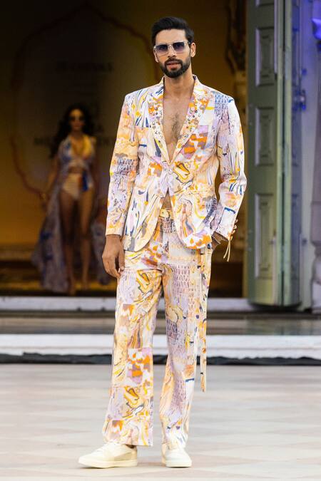 Shop Mandira Wirk Resort Multi Color Printed Casual Trouser With Belt Online at Aza Fashions Shop_Mandira Wirk Resort_Multi Color Printed Casual Trouser With Belt _Online_at_Aza_Fashions