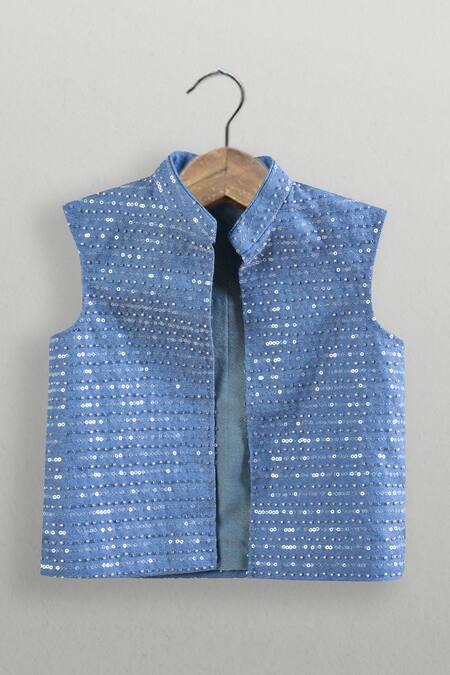 Buy Minikin Blue Denim, Cotton, Silk Sequins Jacket Set With Shirt Online at Aza Fashions Buy_Minikin_Blue Denim, Cotton, Silk Sequins Jacket Set With Shirt _Online_at_Aza_Fashions