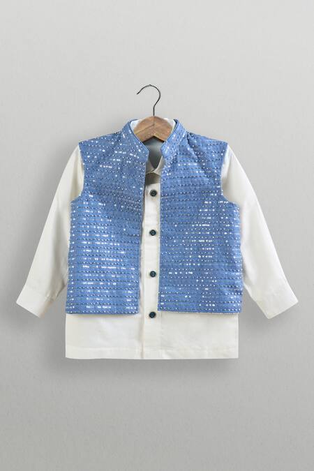 Minikin Blue Denim, Cotton, Silk Sequins Jacket Set With Shirt at Aza Fashions Minikin_Blue Denim, Cotton, Silk Sequins Jacket Set With Shirt _at_Aza_Fashions