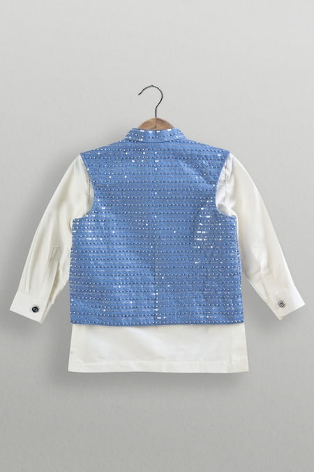 Shop Minikin Blue Denim, Cotton, Silk Sequins Jacket Set With Shirt at Aza Fashions Shop_Minikin_Blue Denim, Cotton, Silk Sequins Jacket Set With Shirt _at_Aza_Fashions