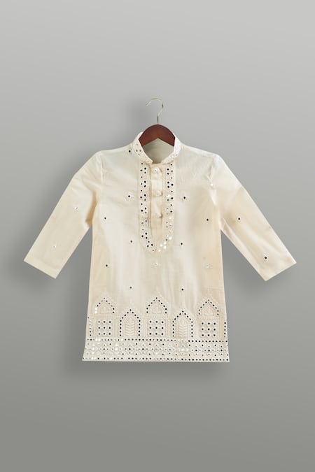 Buy Minikin Cream Cotton Mirrors Embroidered Work Kurta Set Online at Aza Fashions Buy_Minikin_Cream Cotton Mirrors Embroidered Work Kurta Set _Online_at_Aza_Fashions