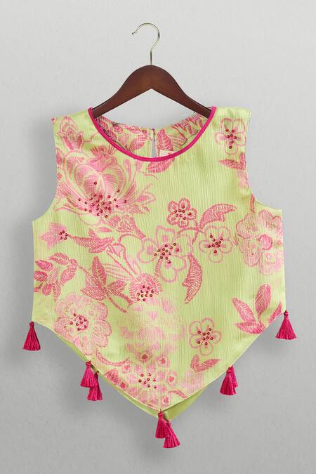 Shop Minikin Pink Cotton Tassels Floral Palazzo Set Online at Aza Fashions Shop_Minikin_Pink Cotton Tassels Floral Palazzo Set _Online_at_Aza_Fashions