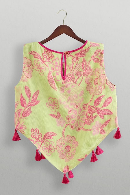 Shop Minikin Pink Cotton Tassels Floral Palazzo Set at Aza Fashions Shop_Minikin_Pink Cotton Tassels Floral Palazzo Set _at_Aza_Fashions