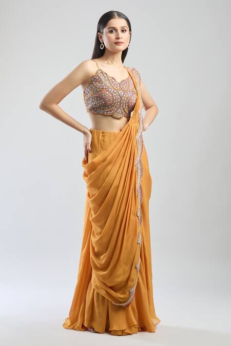 Ridhima Bhasin Yellow Sequins, Beads, Pearls, Embroidery V-neck Scallop Hem Pre-draped Saree Online at Aza Fashions Ridhima Bhasin_Yellow Sequins, Beads, Pearls, Embroidery V-neck Scallop Hem Pre-draped Saree _Online_at_Aza_Fashions