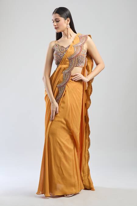 Buy Ridhima Bhasin Yellow Sequins, Beads, Pearls, Embroidery V-neck Scallop Hem Pre-draped Saree Online at Aza Fashions Buy_Ridhima Bhasin_Yellow Sequins, Beads, Pearls, Embroidery V-neck Scallop Hem Pre-draped Saree _Online_at_Aza_Fashions