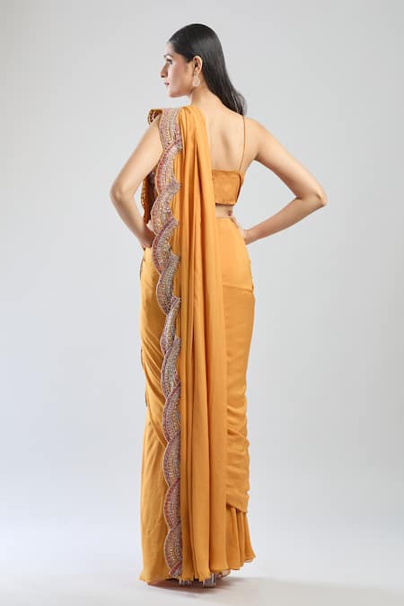 Shop Ridhima Bhasin Yellow Sequins, Beads, Pearls, Embroidery V-neck Scallop Hem Pre-draped Saree at Aza Fashions Shop_Ridhima Bhasin_Yellow Sequins, Beads, Pearls, Embroidery V-neck Scallop Hem Pre-draped Saree _at_Aza_Fashions