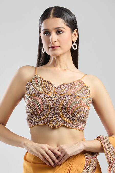 Shop Ridhima Bhasin Yellow Sequins, Beads, Pearls, Embroidery V-neck Scallop Hem Pre-draped Saree Online at Aza Fashions Shop_Ridhima Bhasin_Yellow Sequins, Beads, Pearls, Embroidery V-neck Scallop Hem Pre-draped Saree _Online_at_Aza_Fashions