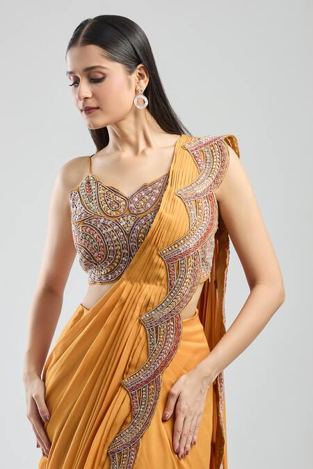 Ridhima Bhasin Yellow Sequins, Beads, Pearls, Embroidery V-neck Scallop Hem Pre-draped Saree at Aza Fashions Ridhima Bhasin_Yellow Sequins, Beads, Pearls, Embroidery V-neck Scallop Hem Pre-draped Saree _at_Aza_Fashions