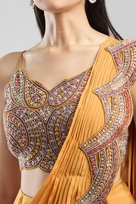 Buy Ridhima Bhasin Yellow Sequins, Beads, Pearls, Embroidery V-neck Scallop Hem Pre-draped Saree Buy_Ridhima Bhasin_Yellow Sequins, Beads, Pearls, Embroidery V-neck Scallop Hem Pre-draped Saree