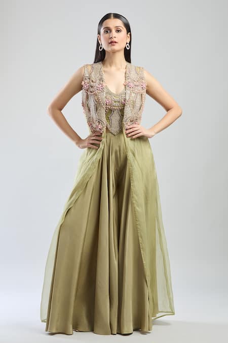 Ridhima Bhasin_Green Chiffon, Silk Sequins, Beads, Fabric Flowers, 3d Jacket Sharara Set _Online_at_Aza_Fashions