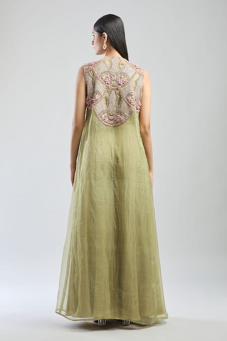 Shop_Ridhima Bhasin_Green Chiffon, Silk Sequins, Beads, Fabric Flowers, 3d Jacket Sharara Set _at_Aza_Fashions