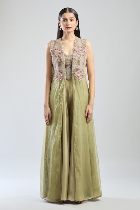 Buy_Ridhima Bhasin_Green Chiffon, Silk Sequins, Beads, Fabric Flowers, 3d Jacket Sharara Set _Online_at_Aza_Fashions