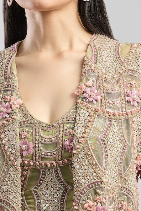 Ridhima Bhasin_Green Chiffon, Silk Sequins, Beads, Fabric Flowers, 3d Jacket Sharara Set _at_Aza_Fashions