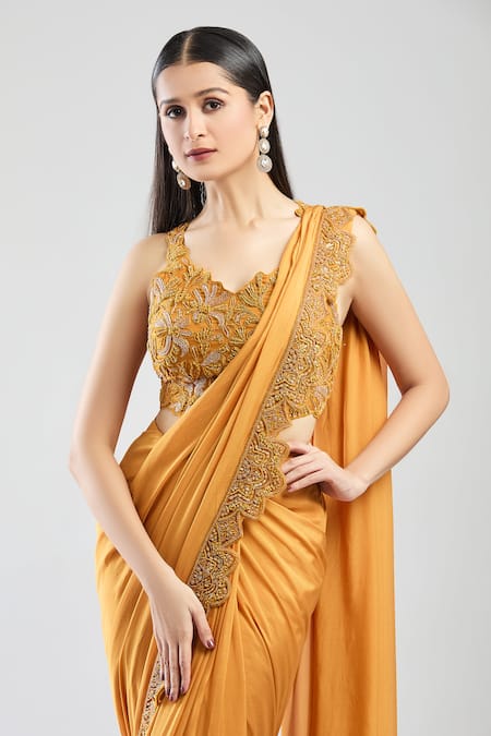 Ridhima Bhasin Yellow Chiffon Sequins, Beads, Embroidery Open Neck Floral Pre-draped Saree Set Online at Aza Fashions Ridhima Bhasin_Yellow Chiffon Sequins, Beads, Embroidery Open Neck Floral Pre-draped Saree Set _Online_at_Aza_Fashions