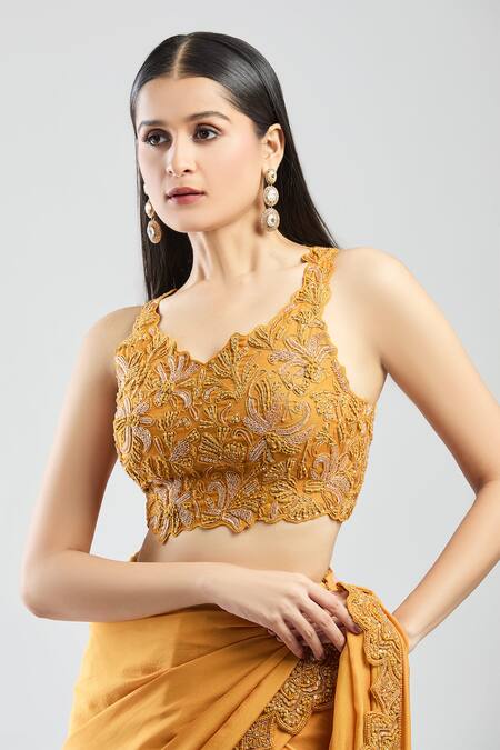 Buy Ridhima Bhasin Yellow Chiffon Sequins, Beads, Embroidery Open Neck Floral Pre-draped Saree Set Online at Aza Fashions Buy_Ridhima Bhasin_Yellow Chiffon Sequins, Beads, Embroidery Open Neck Floral Pre-draped Saree Set _Online_at_Aza_Fashions
