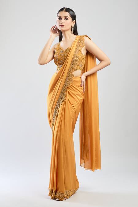 Shop Ridhima Bhasin Yellow Chiffon Sequins, Beads, Embroidery Open Neck Floral Pre-draped Saree Set Online at Aza Fashions Shop_Ridhima Bhasin_Yellow Chiffon Sequins, Beads, Embroidery Open Neck Floral Pre-draped Saree Set _Online_at_Aza_Fashions