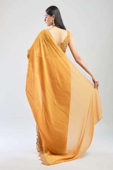 Shop Ridhima Bhasin Yellow Chiffon Sequins, Beads, Embroidery Open Neck Floral Pre-draped Saree Set at Aza Fashions Shop_Ridhima Bhasin_Yellow Chiffon Sequins, Beads, Embroidery Open Neck Floral Pre-draped Saree Set _at_Aza_Fashions