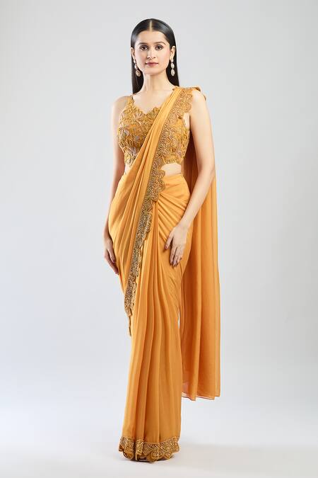 Ridhima Bhasin Yellow Chiffon Sequins, Beads, Embroidery Open Neck Floral Pre-draped Saree Set at Aza Fashions Ridhima Bhasin_Yellow Chiffon Sequins, Beads, Embroidery Open Neck Floral Pre-draped Saree Set _at_Aza_Fashions