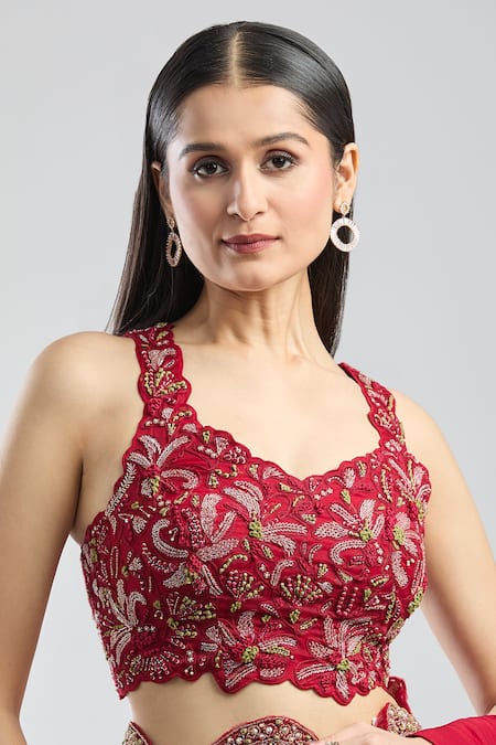 Ridhima Bhasin Fuchsia Chiffon Sequins, Beads, Embroidery Collared Scallop Hem Pre-draped Saree Online at Aza Fashions Ridhima Bhasin_Fuchsia Chiffon Sequins, Beads, Embroidery Collared Scallop Hem Pre-draped Saree _Online_at_Aza_Fashions