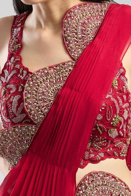 Buy Ridhima Bhasin Fuchsia Chiffon Sequins, Beads, Embroidery Collared Scallop Hem Pre-draped Saree Online at Aza Fashions Buy_Ridhima Bhasin_Fuchsia Chiffon Sequins, Beads, Embroidery Collared Scallop Hem Pre-draped Saree _Online_at_Aza_Fashions