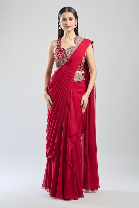 Shop Ridhima Bhasin Fuchsia Chiffon Sequins, Beads, Embroidery Collared Scallop Hem Pre-draped Saree Online at Aza Fashions Shop_Ridhima Bhasin_Fuchsia Chiffon Sequins, Beads, Embroidery Collared Scallop Hem Pre-draped Saree _Online_at_Aza_Fashions
