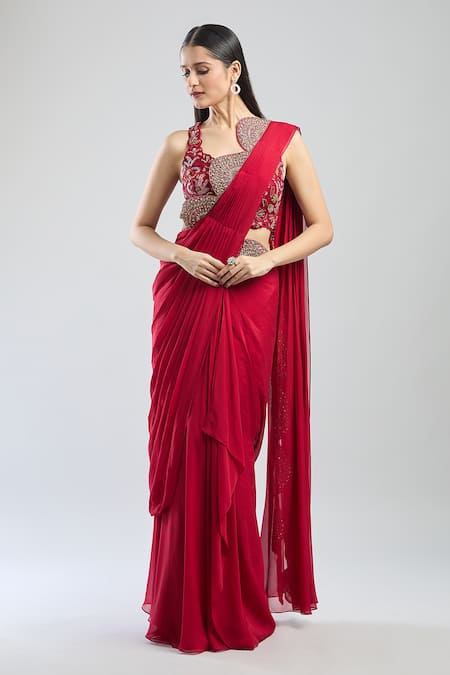 Ridhima Bhasin Fuchsia Chiffon Sequins, Beads, Embroidery Collared Scallop Hem Pre-draped Saree at Aza Fashions Ridhima Bhasin_Fuchsia Chiffon Sequins, Beads, Embroidery Collared Scallop Hem Pre-draped Saree _at_Aza_Fashions