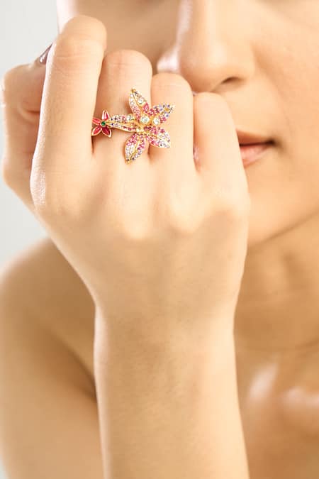 Afew By Rahul Mishra_Multi Color Stones Floral Embellished Ring _at_Aza_Fashions