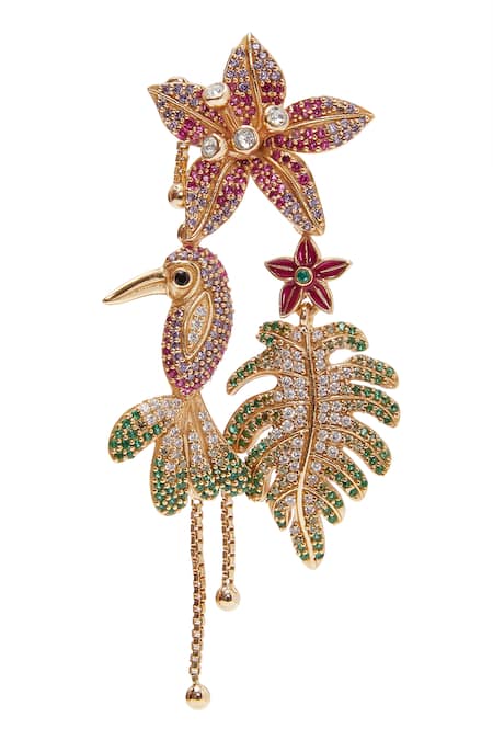 Buy_Afew By Rahul Mishra_Multi Color Crystals Mismatched Floral Danglers 