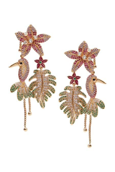 Shop_Afew By Rahul Mishra_Multi Color Crystals Mismatched Floral Danglers 