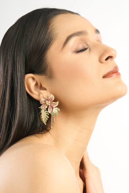 Afew By Rahul Mishra_Multi Color Crystals Floral Mismatched Danglers _Online_at_Aza_Fashions