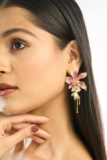 Buy_Afew By Rahul Mishra_Multi Color Crystals Floral Mismatched Danglers _Online_at_Aza_Fashions