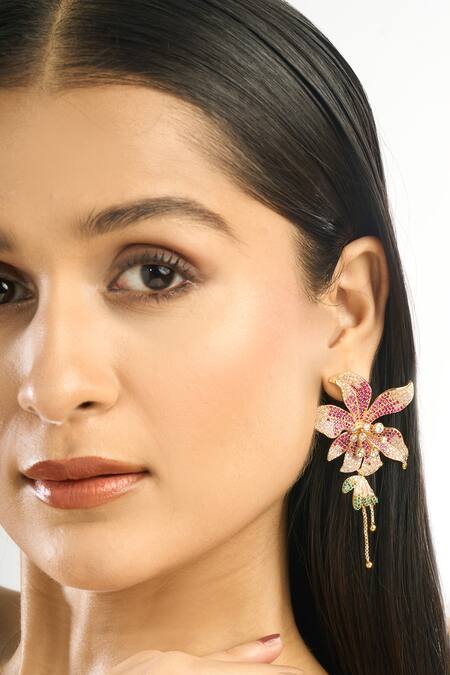 Shop_Afew By Rahul Mishra_Multi Color Crystals Floral Mismatched Danglers _Online_at_Aza_Fashions