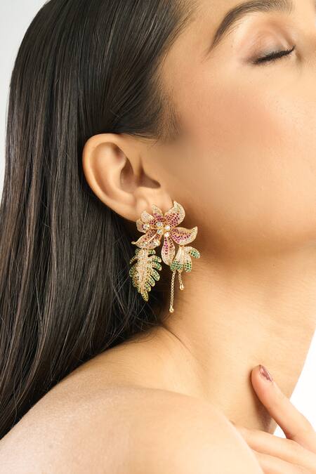 Afew By Rahul Mishra_Multi Color Crystals Floral Mismatched Danglers _at_Aza_Fashions