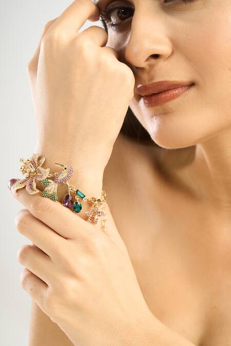 Afew By Rahul Mishra_Multi Color Stones Botanical Motif Embellished Bracelet _Online_at_Aza_Fashions