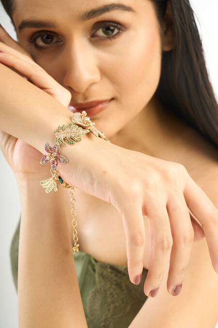 Buy_Afew By Rahul Mishra_Multi Color Stones Botanical Motif Embellished Bracelet _Online_at_Aza_Fashions