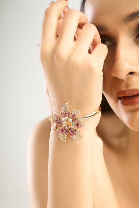 Shop Afew By Rahul Mishra Multi Color Stones Floral Embellished Bangle Online at Aza Fashions Shop_Afew By Rahul Mishra_Multi Color Stones Floral Embellished Bangle _Online_at_Aza_Fashions